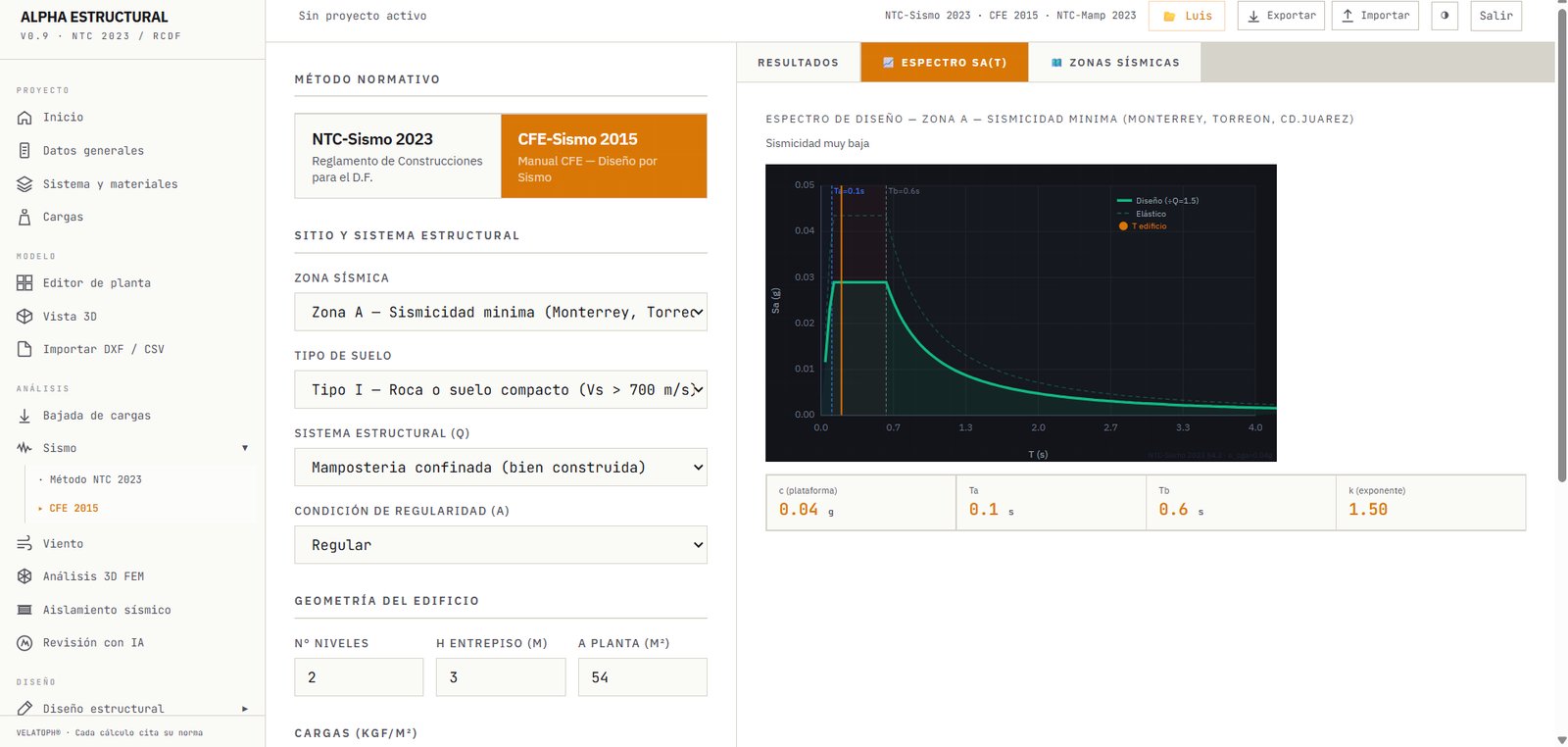 Espectro de diseño sísmico en Alpha Estructural en línea, con parámetros de plataforma, Ta, Tb y exponente k