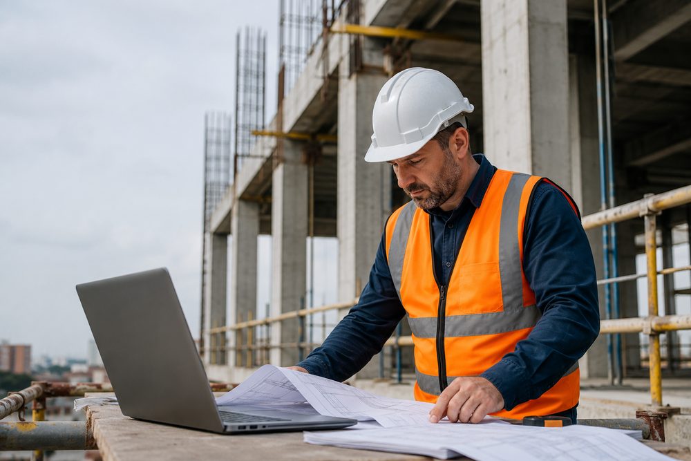 Ingeniero estructural revisando planos y laptop en obra